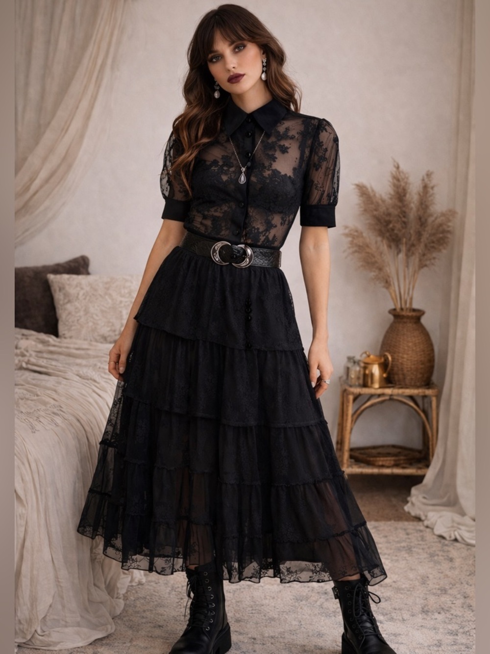 Black lace transparent embroidered blouse romantic whimsigoth size XS feminine